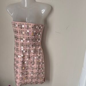 Oh Polly Strapless Dress in Pink with Floral Embellishments